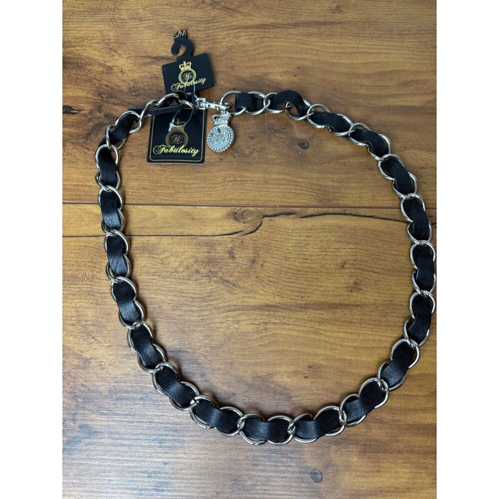 Y2K NEW Fabulosity Black Silver Chain Link Belt Faux Leather Crown‎ S/M Goth